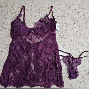 Lace Chemise and Thong Set - Deep Plum